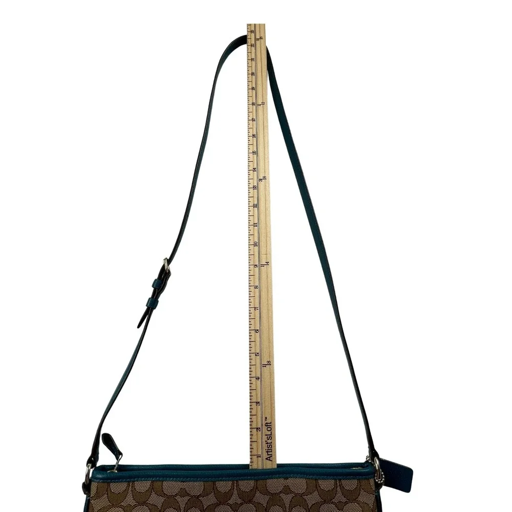 Coach Women Signature Monogram Crossbody Bag Purse Brown Teal Leather Trim *Flaw